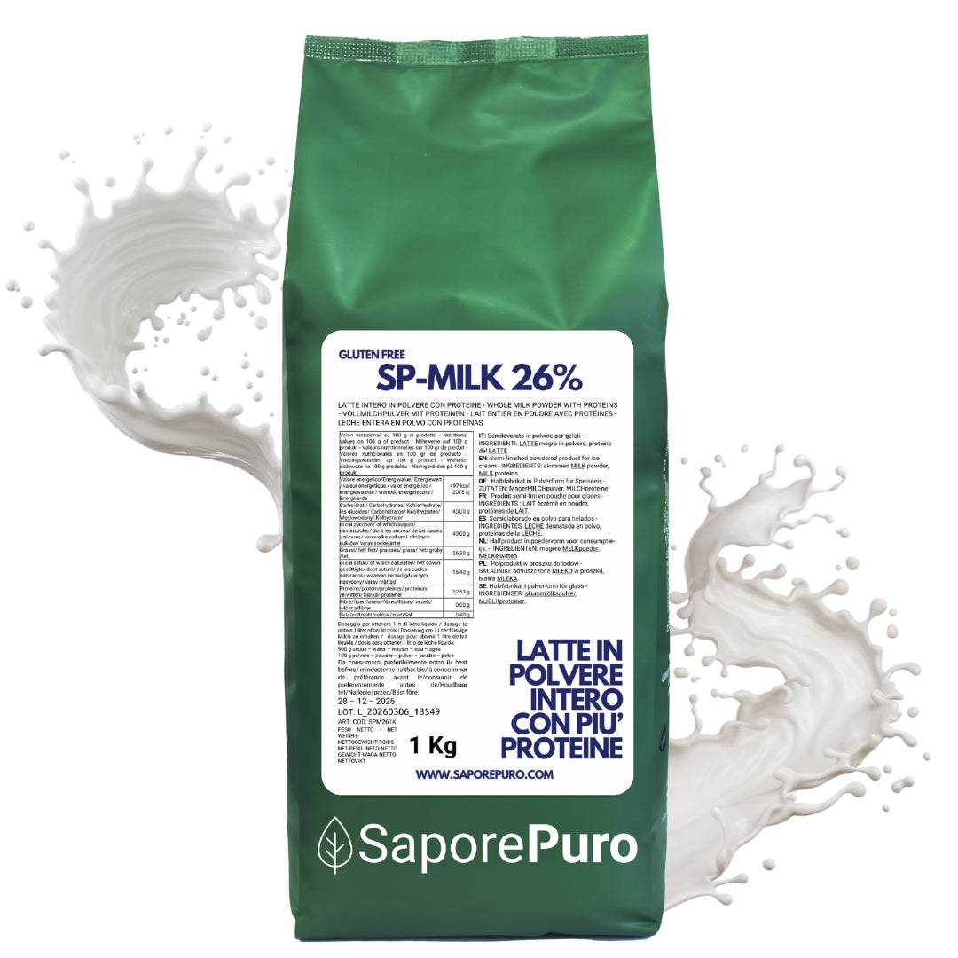Latte intero in polvere SaporePuro con più proteine, ideale per gelati, pasticceria e usi culinari, in confezione da 1 litro.